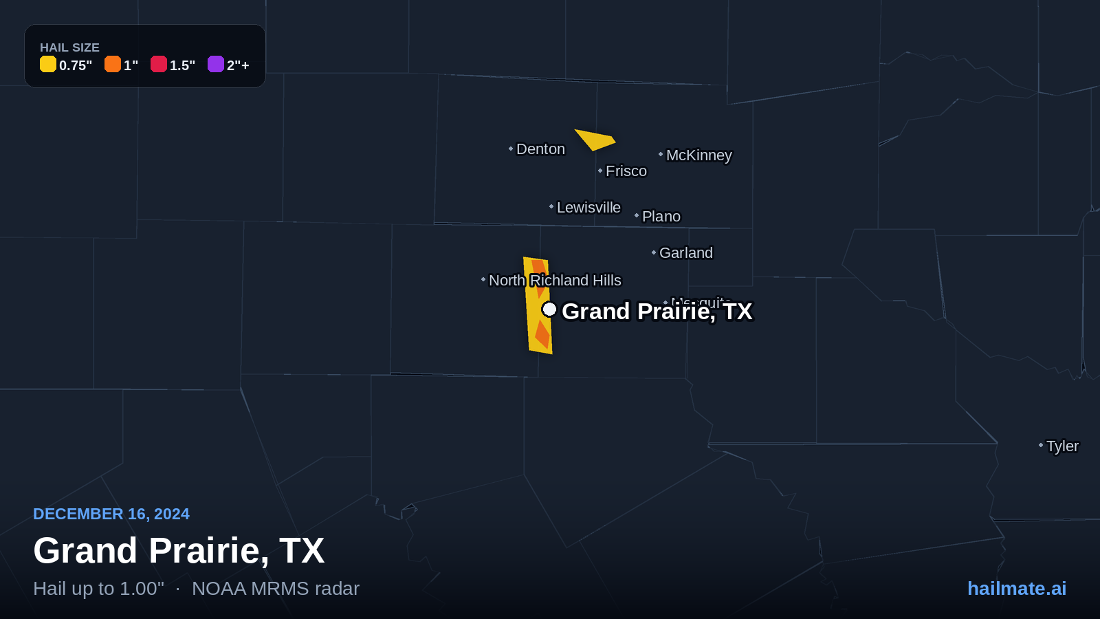 Hail swath map for Grand Prairie, TX on December 16, 2024 showing 1.00 inch hail.