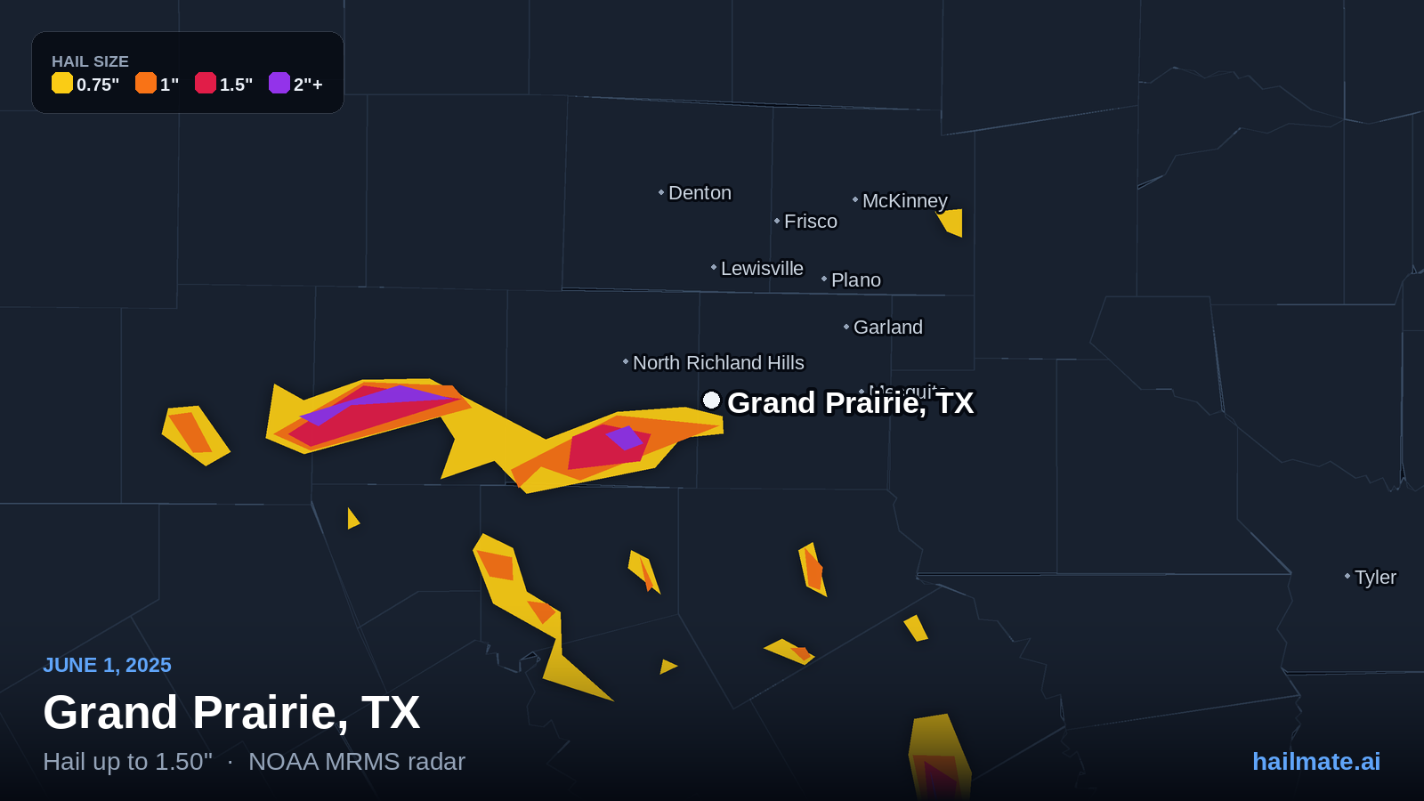Hail swath map for Grand Prairie, TX on June 1, 2025 showing 1.50 inch hail.