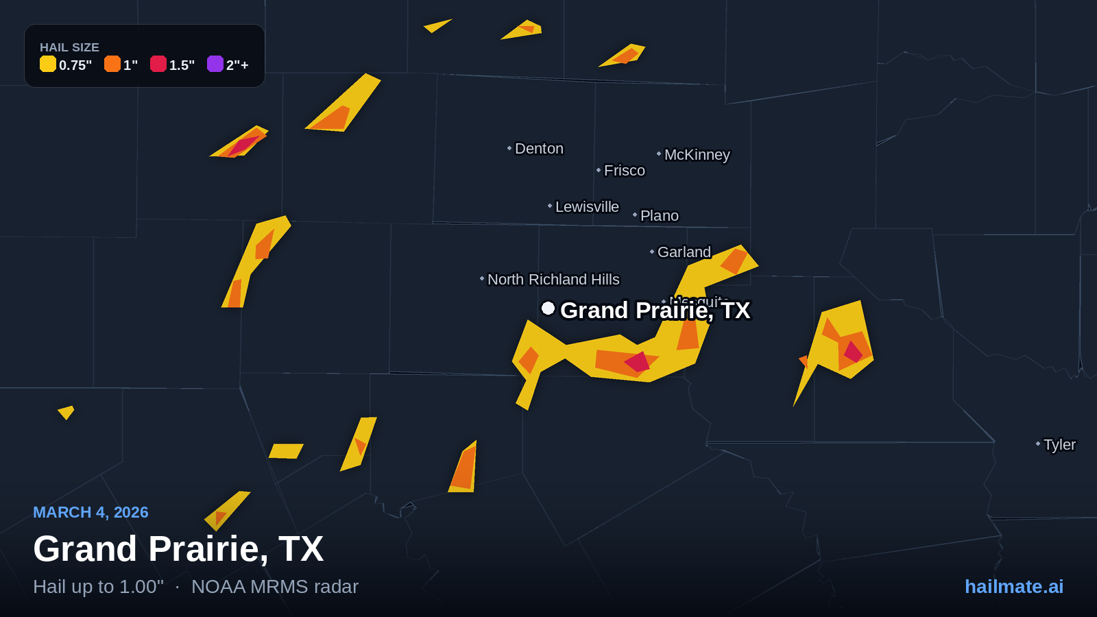 Hail swath map for Grand Prairie, TX on March 4, 2026 showing 1.00 inch hail.