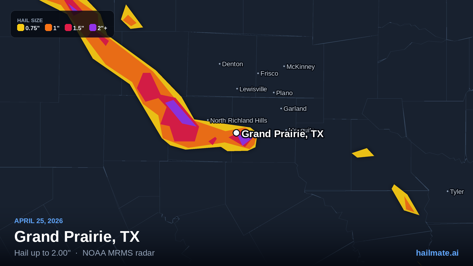 Hail swath map for Grand Prairie, TX on April 25, 2026 showing 2.00 inch hail.