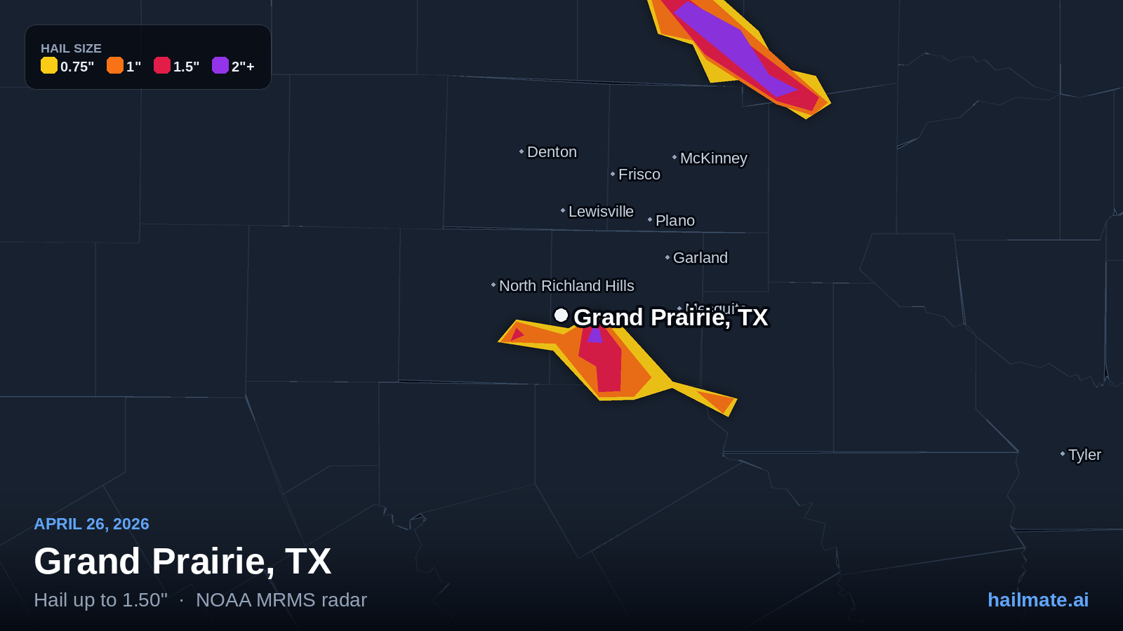 Hail swath map for Grand Prairie, TX on April 26, 2026 showing 1.50 inch hail.