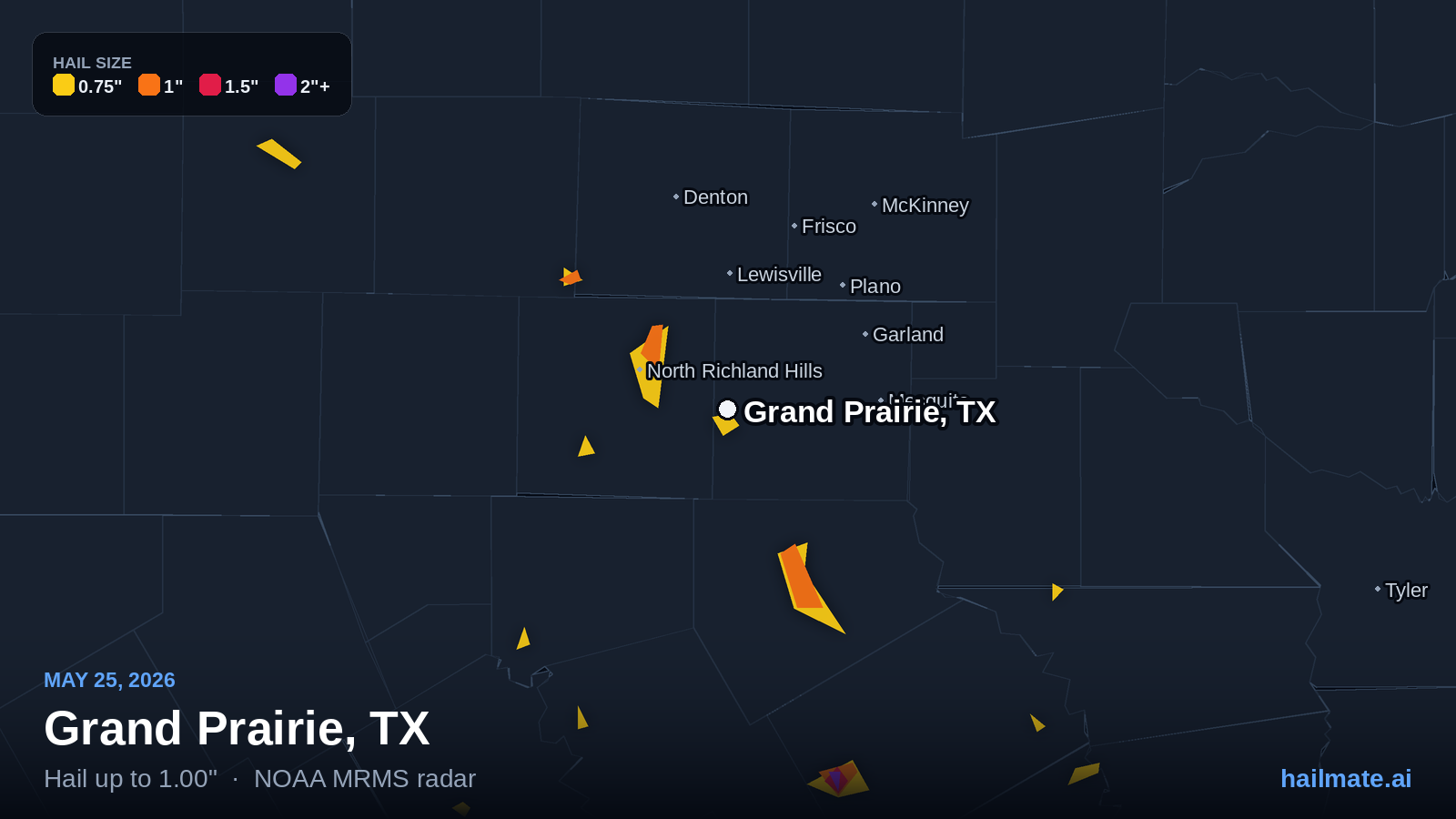 Hail swath map for Grand Prairie, TX on May 25, 2026 showing 1.00 inch hail.