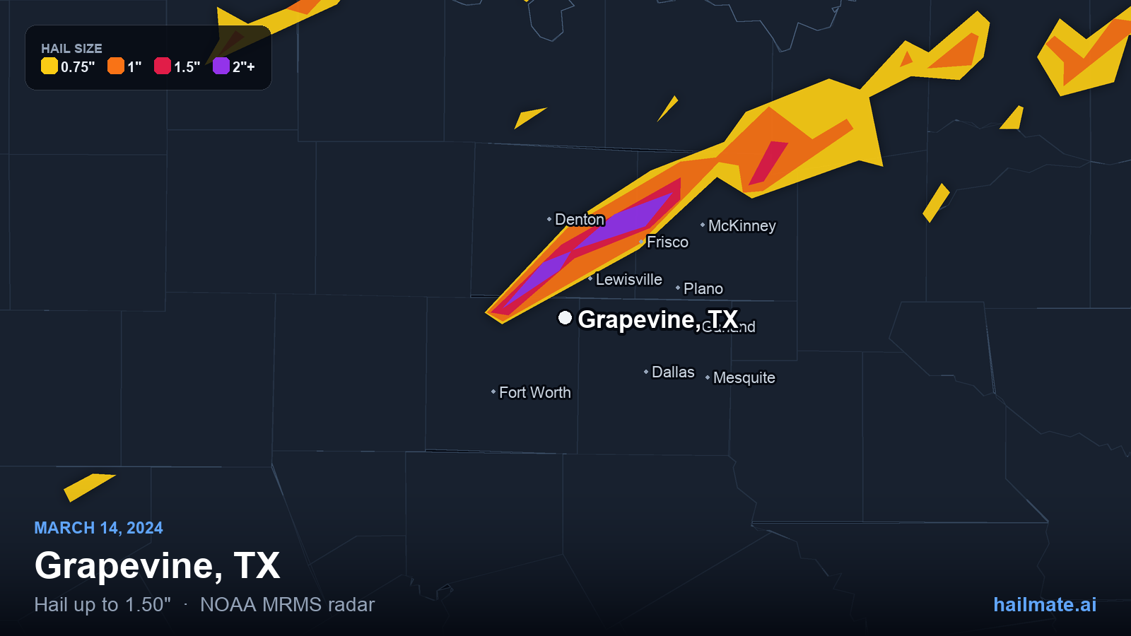 Hail swath map for Grapevine, TX on March 14, 2024 showing 1.50 inch hail.