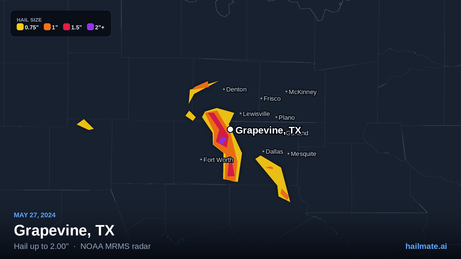 Hail swath map for Grapevine, TX on May 27, 2024 showing 2.00 inch hail.