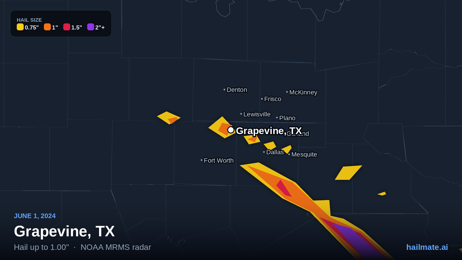 Hail swath map for Grapevine, TX on June 1, 2024 showing 1.00 inch hail.