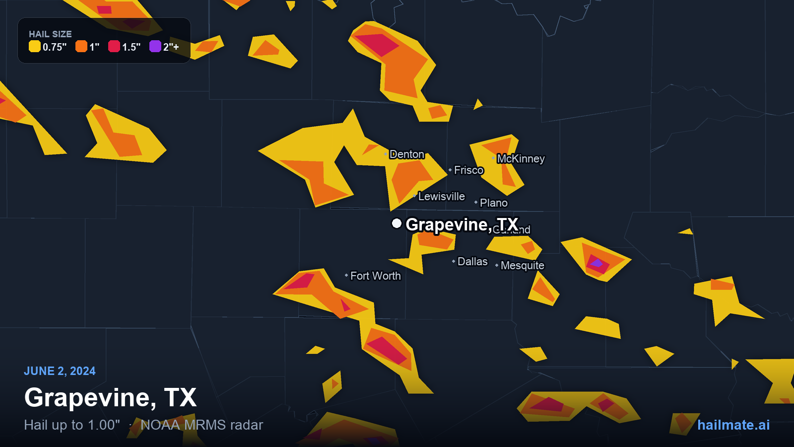 Hail swath map for Grapevine, TX on June 2, 2024 showing 1.00 inch hail.