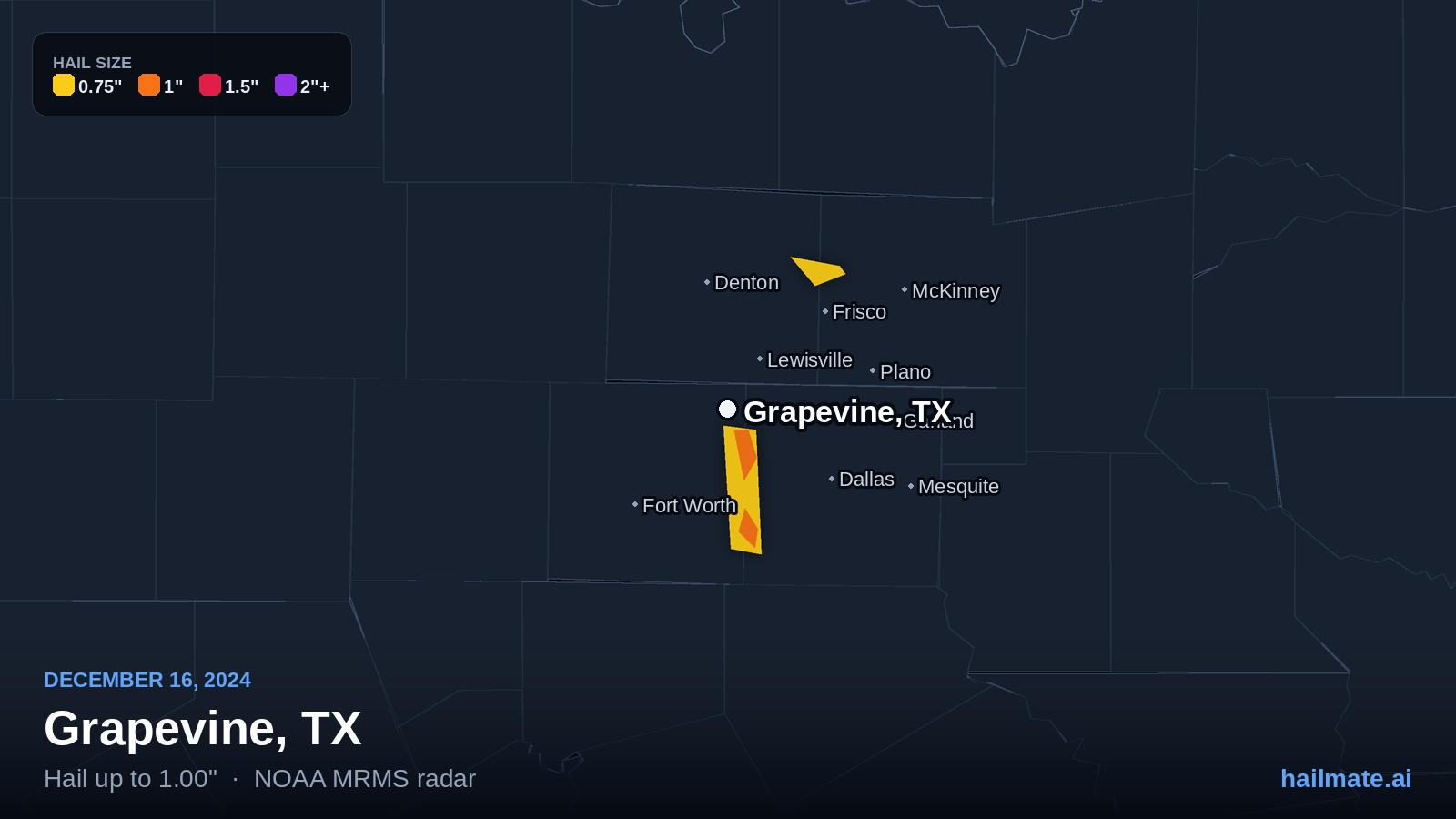 Hail swath map for Grapevine, TX on December 16, 2024 showing 1.00 inch hail.