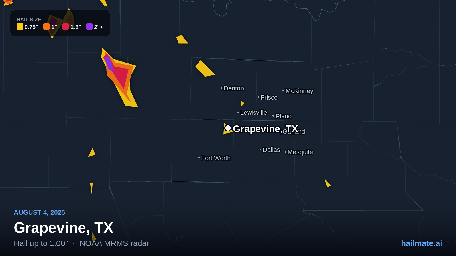 Hail swath map for Grapevine, TX on August 4, 2025 showing 1.00 inch hail.