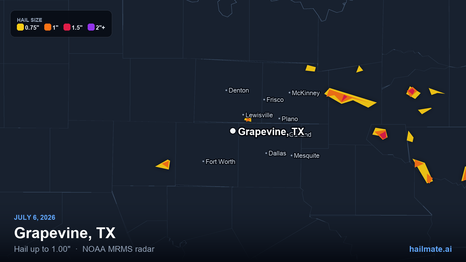 Hail swath map for Grapevine, TX on July 6, 2026 showing 1.00 inch hail.