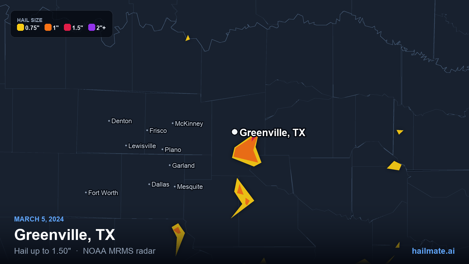 Hail swath map for Greenville, TX on March 5, 2024 showing 1.50 inch hail.
