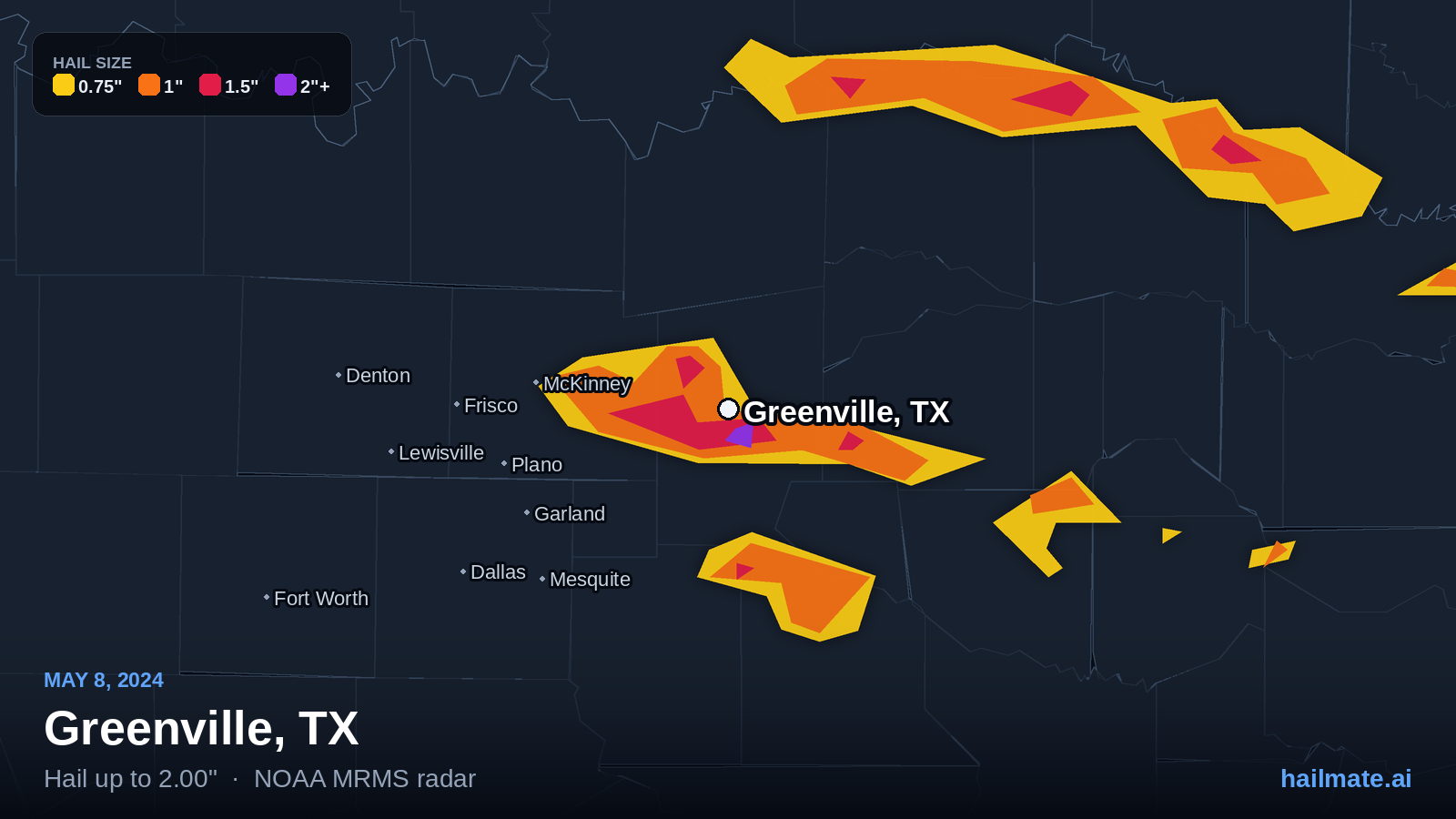 Hail swath map for Greenville, TX on May 8, 2024 showing 2.00 inch hail.