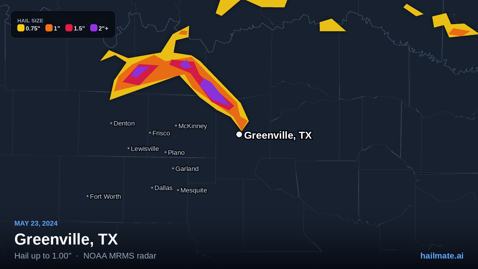 Hail swath map for Greenville, TX on May 23, 2024 showing 1.00 inch hail.