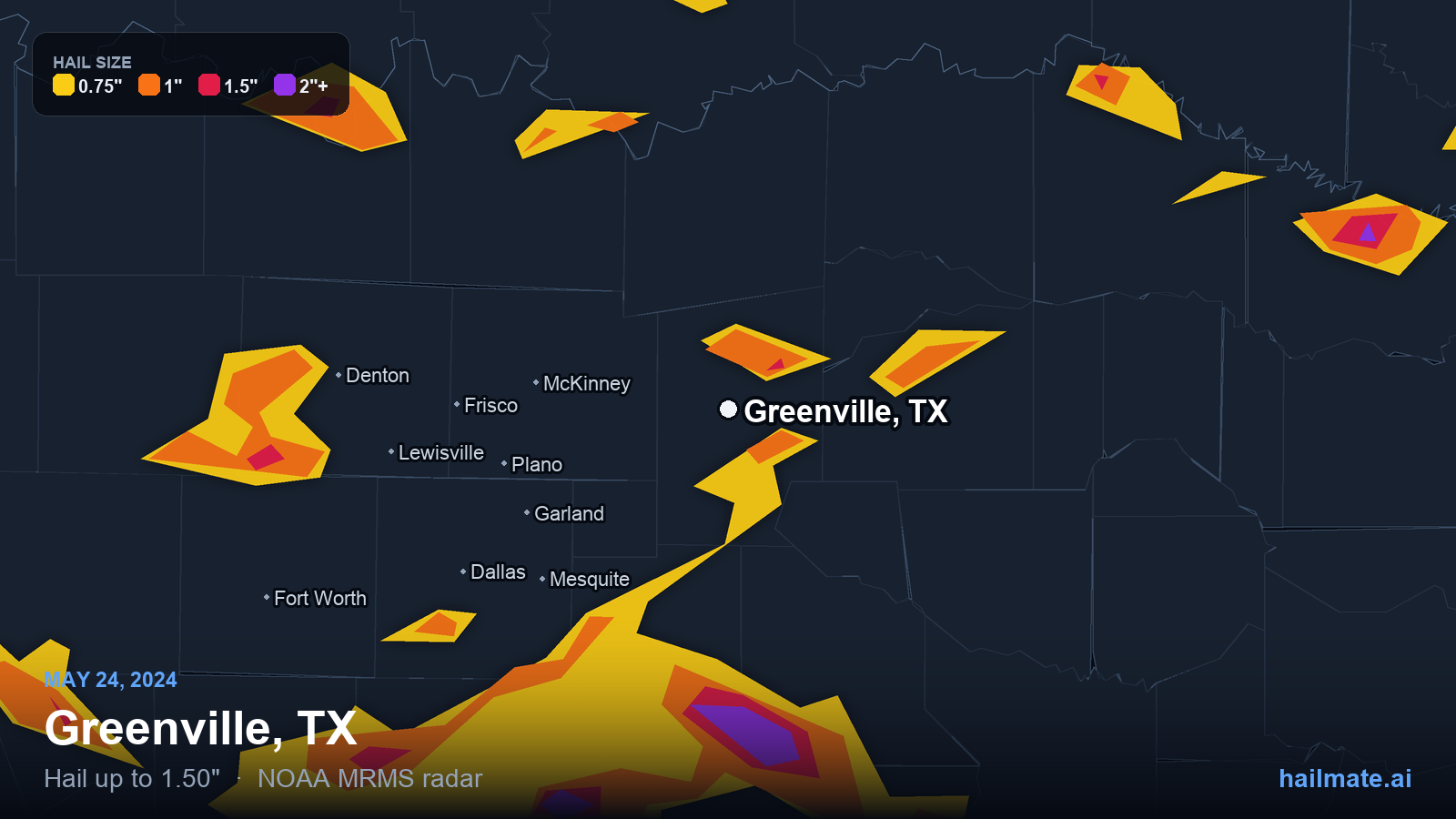 Hail swath map for Greenville, TX on May 24, 2024 showing 1.50 inch hail.