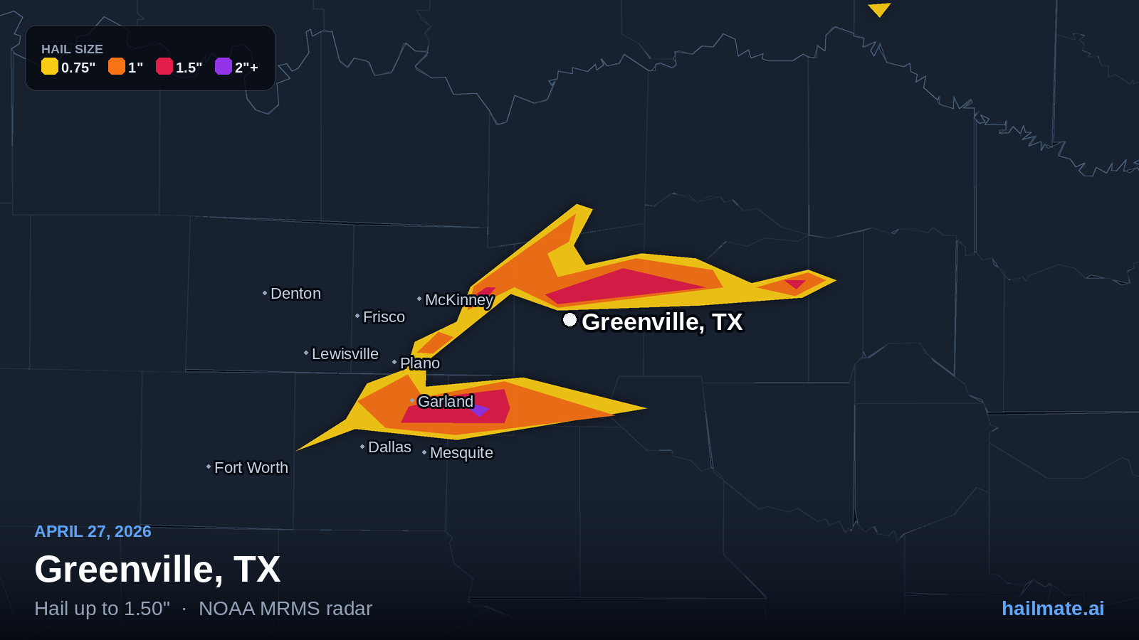 Hail swath map for Greenville, TX on April 27, 2026 showing 1.50 inch hail.