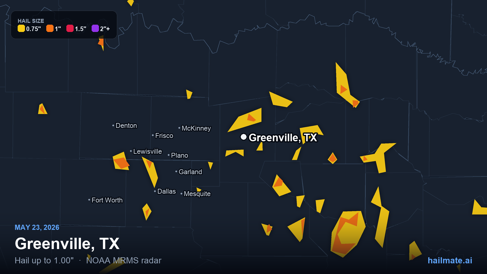 Hail swath map for Greenville, TX on May 23, 2026 showing 1.00 inch hail.