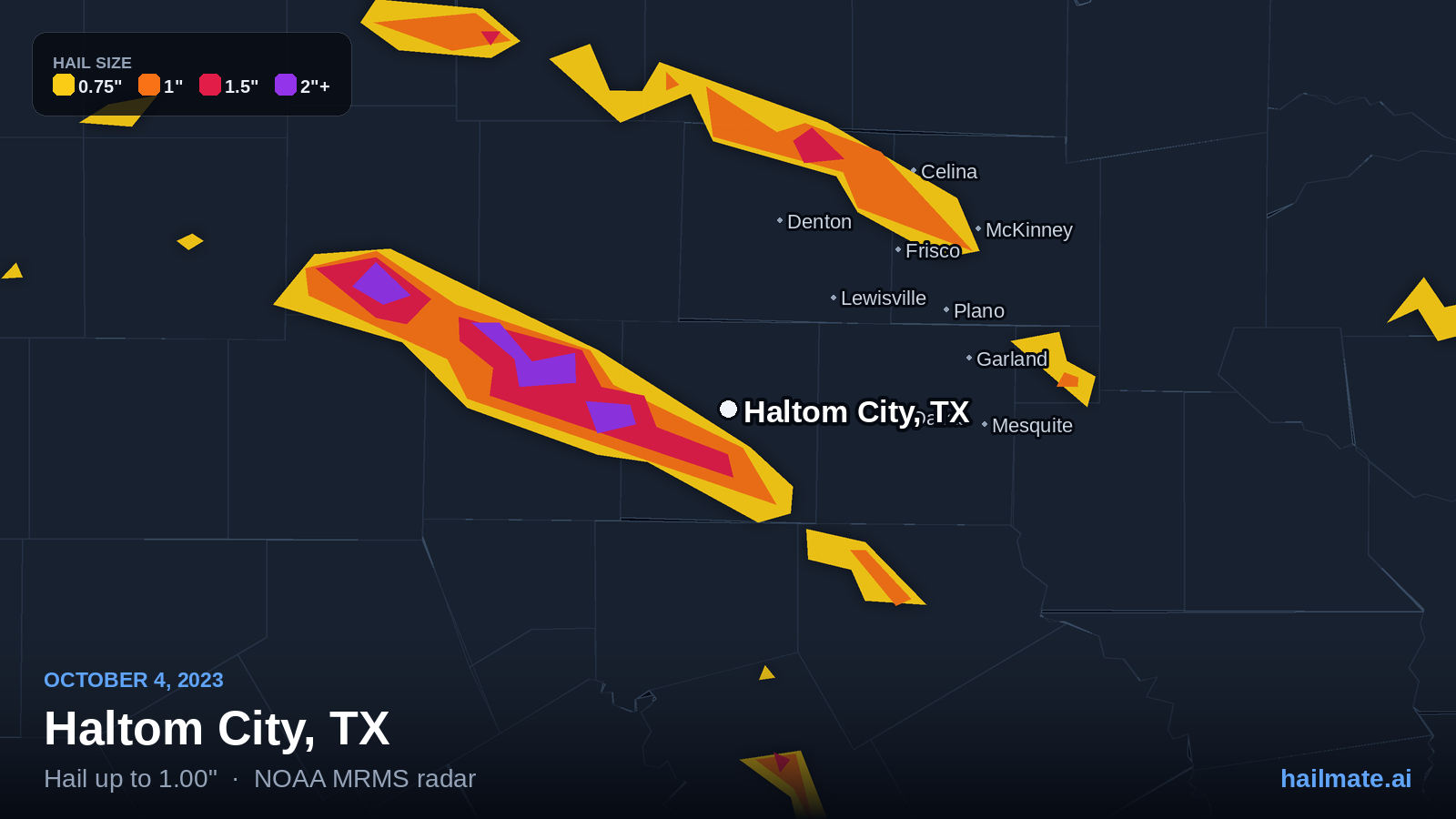 Hail swath map for Haltom City, TX on October 4, 2023 showing 1.00 inch hail.