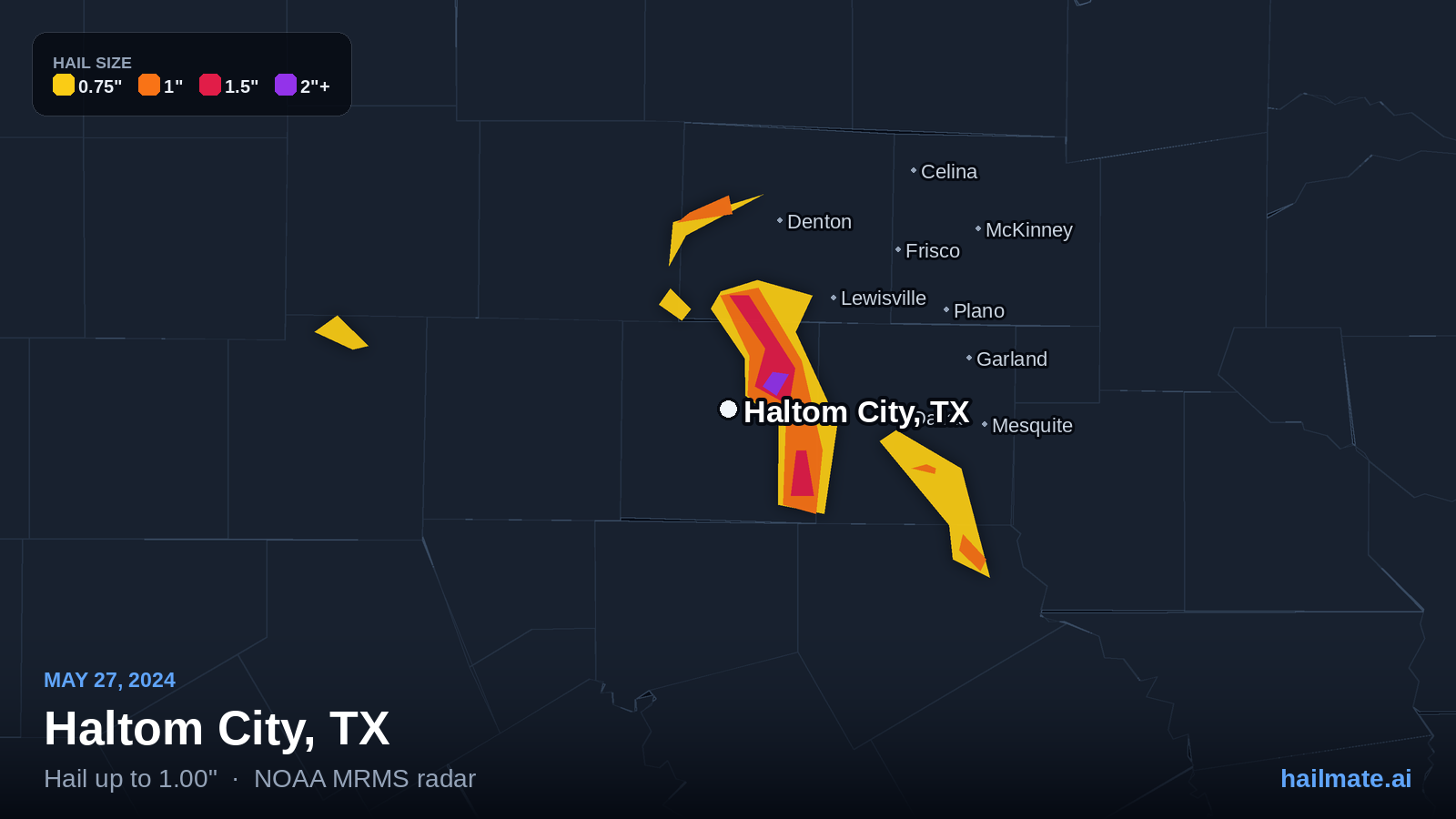 Hail swath map for Haltom City, TX on May 27, 2024 showing 1.00 inch hail.