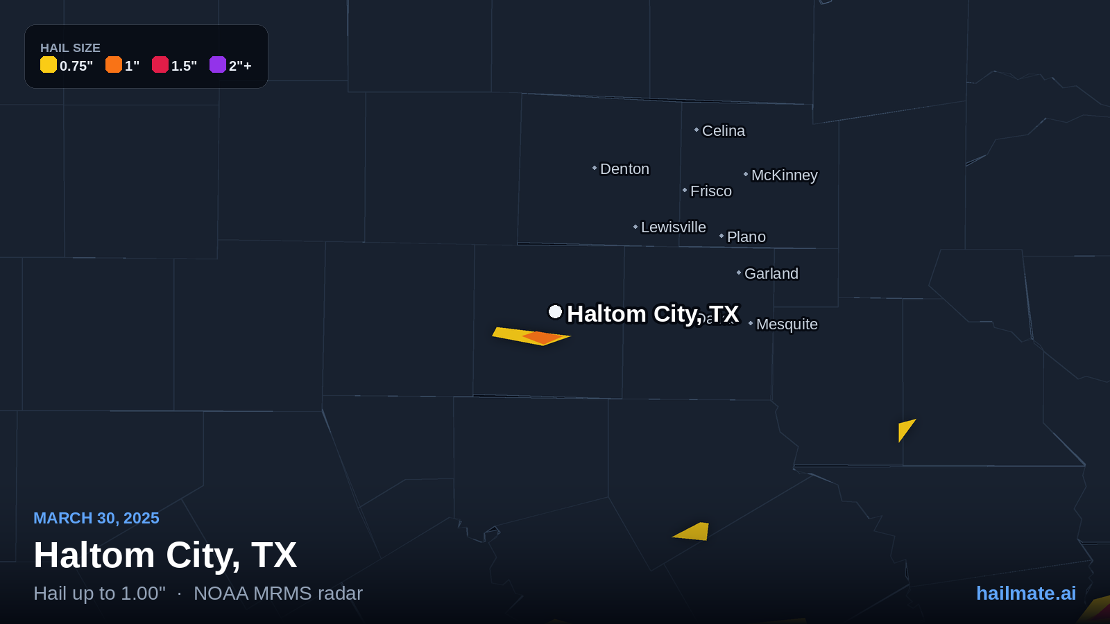 Hail swath map for Haltom City, TX on March 30, 2025 showing 1.00 inch hail.
