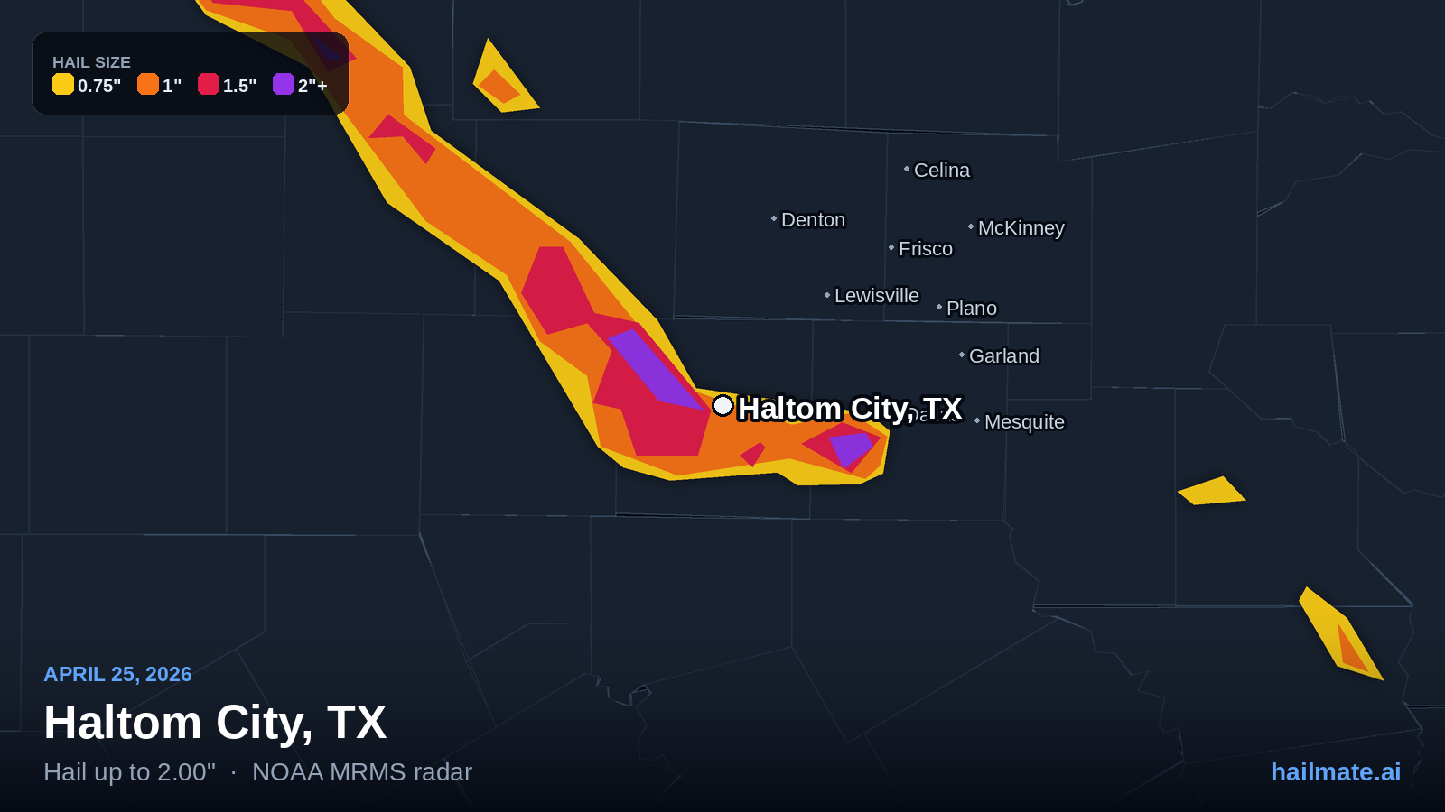 Hail swath map for Haltom City, TX on April 25, 2026 showing 2.00 inch hail.