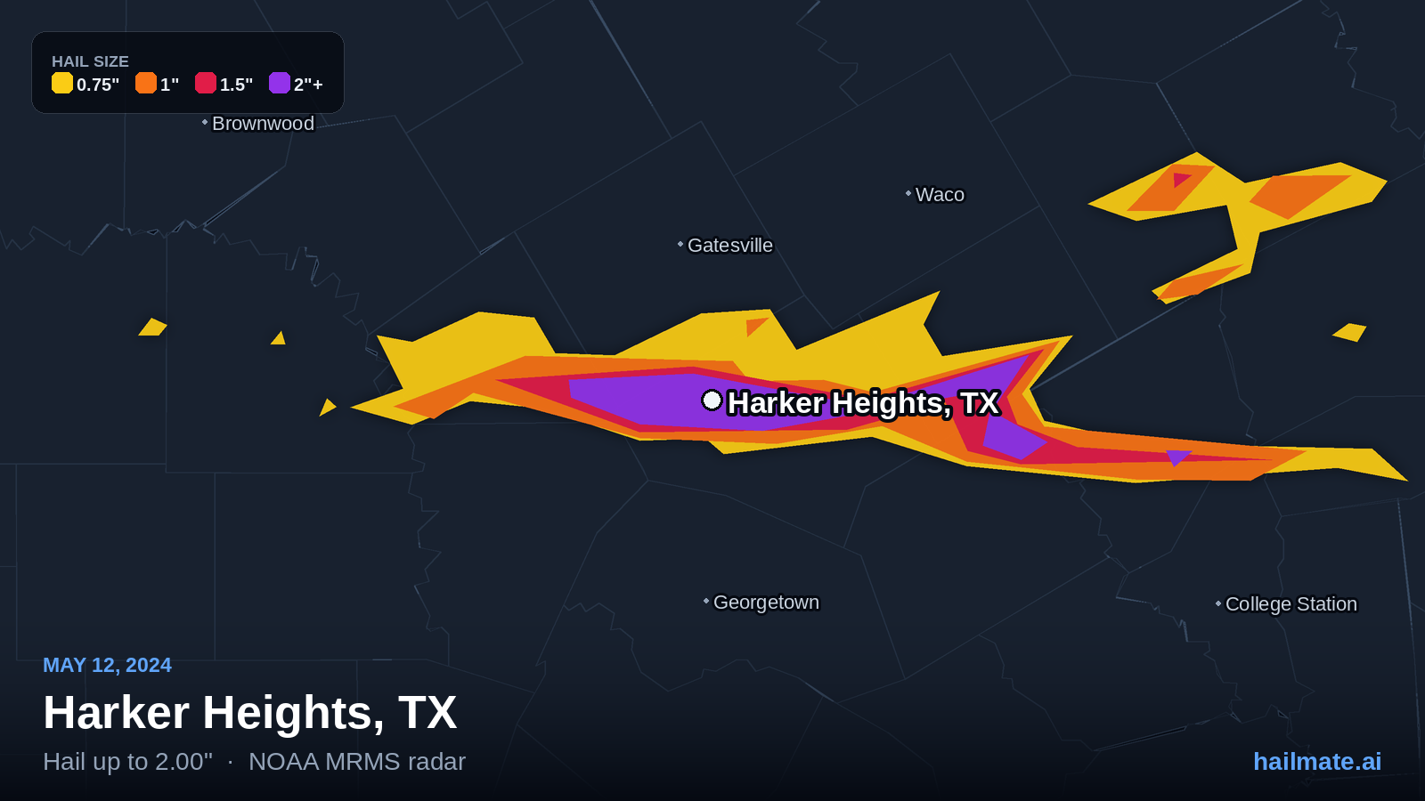 Hail swath map for Harker Heights, TX on May 12, 2024 showing 2.00 inch hail.