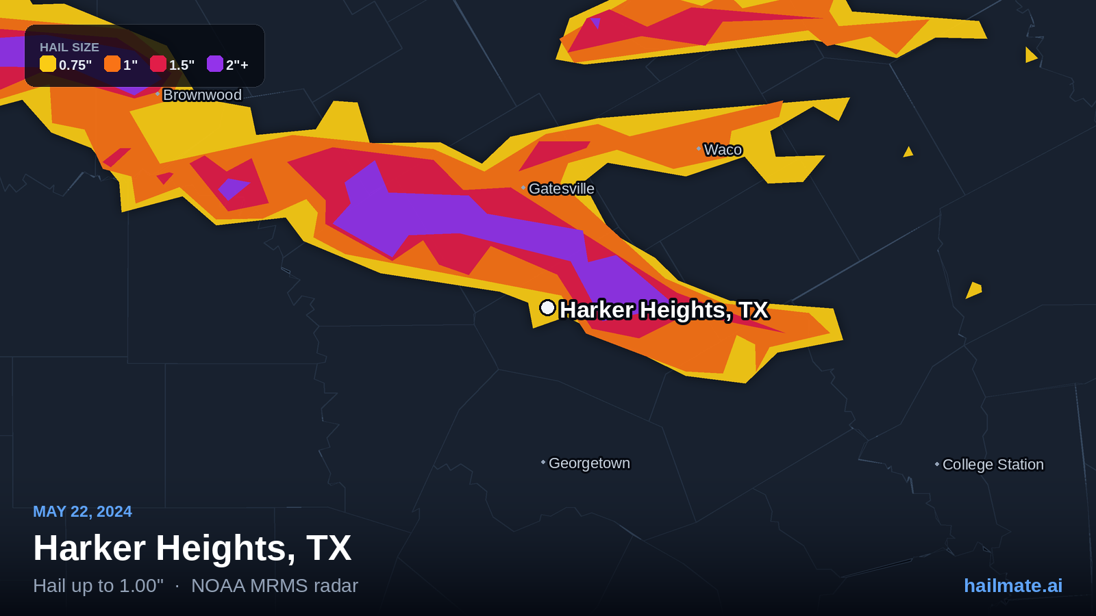 Hail swath map for Harker Heights, TX on May 22, 2024 showing 1.00 inch hail.