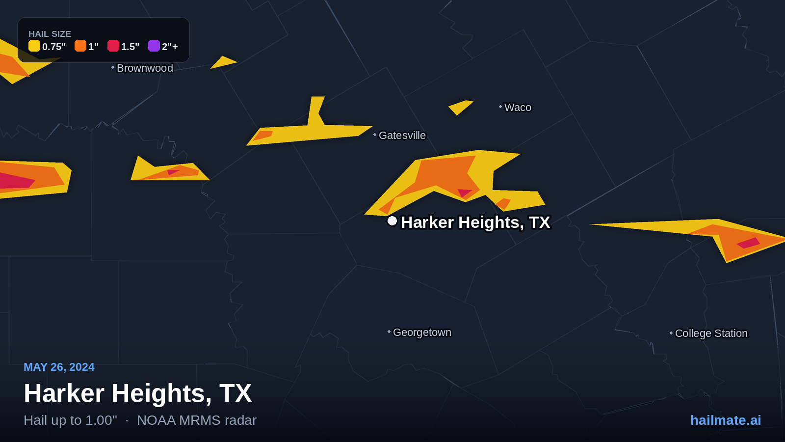 Hail swath map for Harker Heights, TX on May 26, 2024 showing 1.00 inch hail.