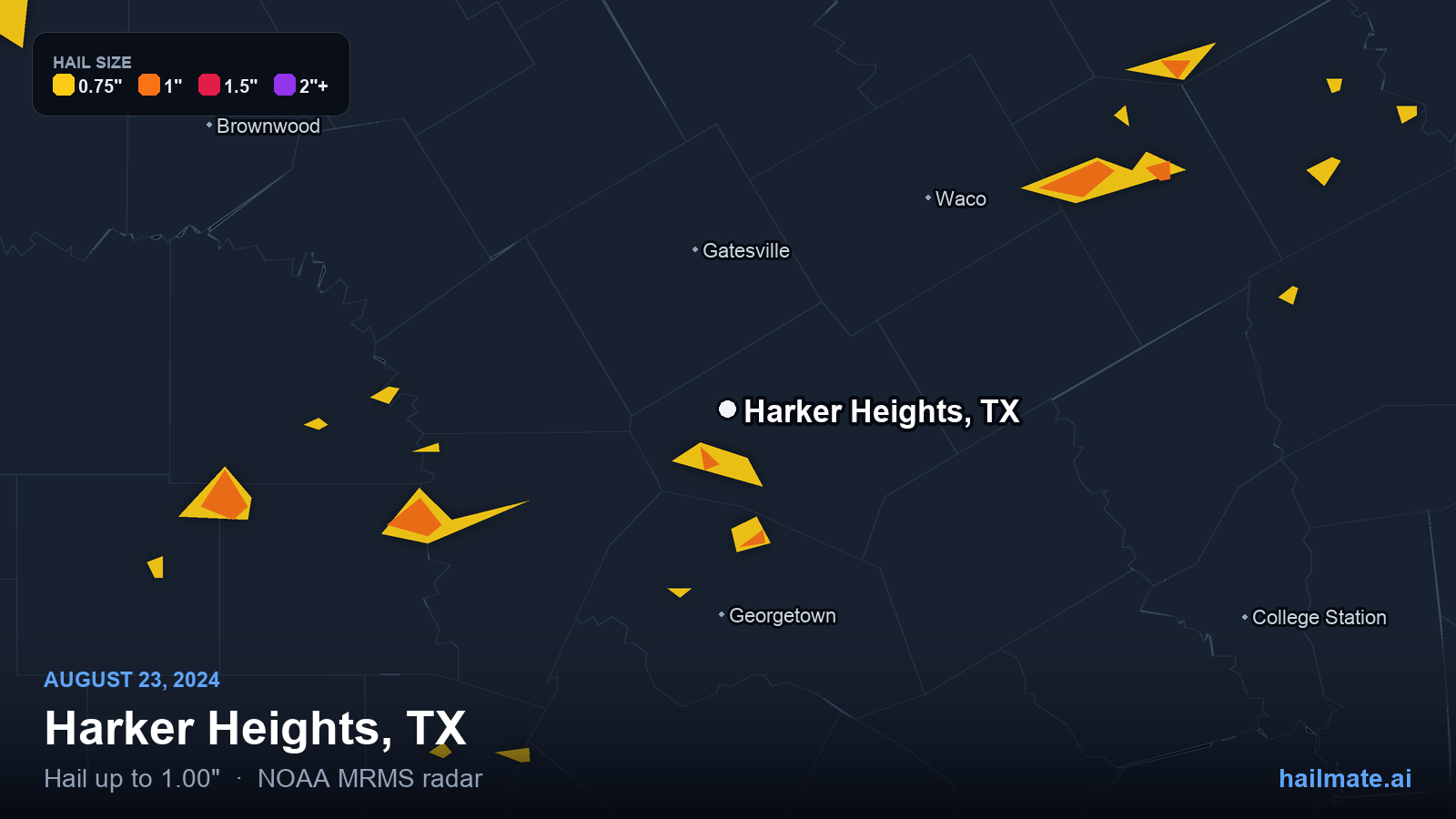 Hail swath map for Harker Heights, TX on August 23, 2024 showing 1.00 inch hail.