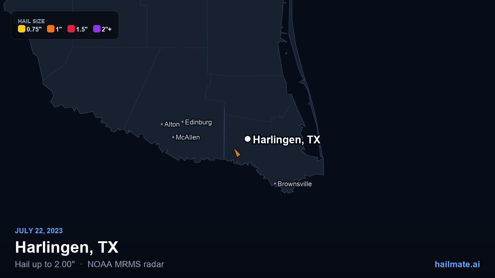 Hail swath map for Harlingen, TX on July 22, 2023 showing 2.00 inch hail.