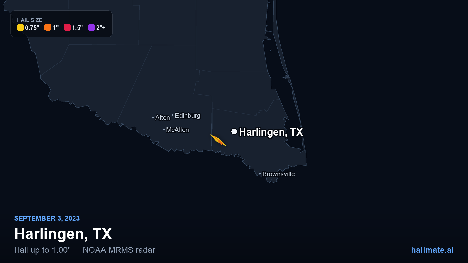 Hail swath map for Harlingen, TX on September 3, 2023 showing 1.00 inch hail.