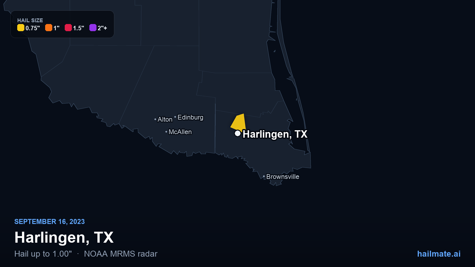 Hail swath map for Harlingen, TX on September 16, 2023 showing 1.00 inch hail.