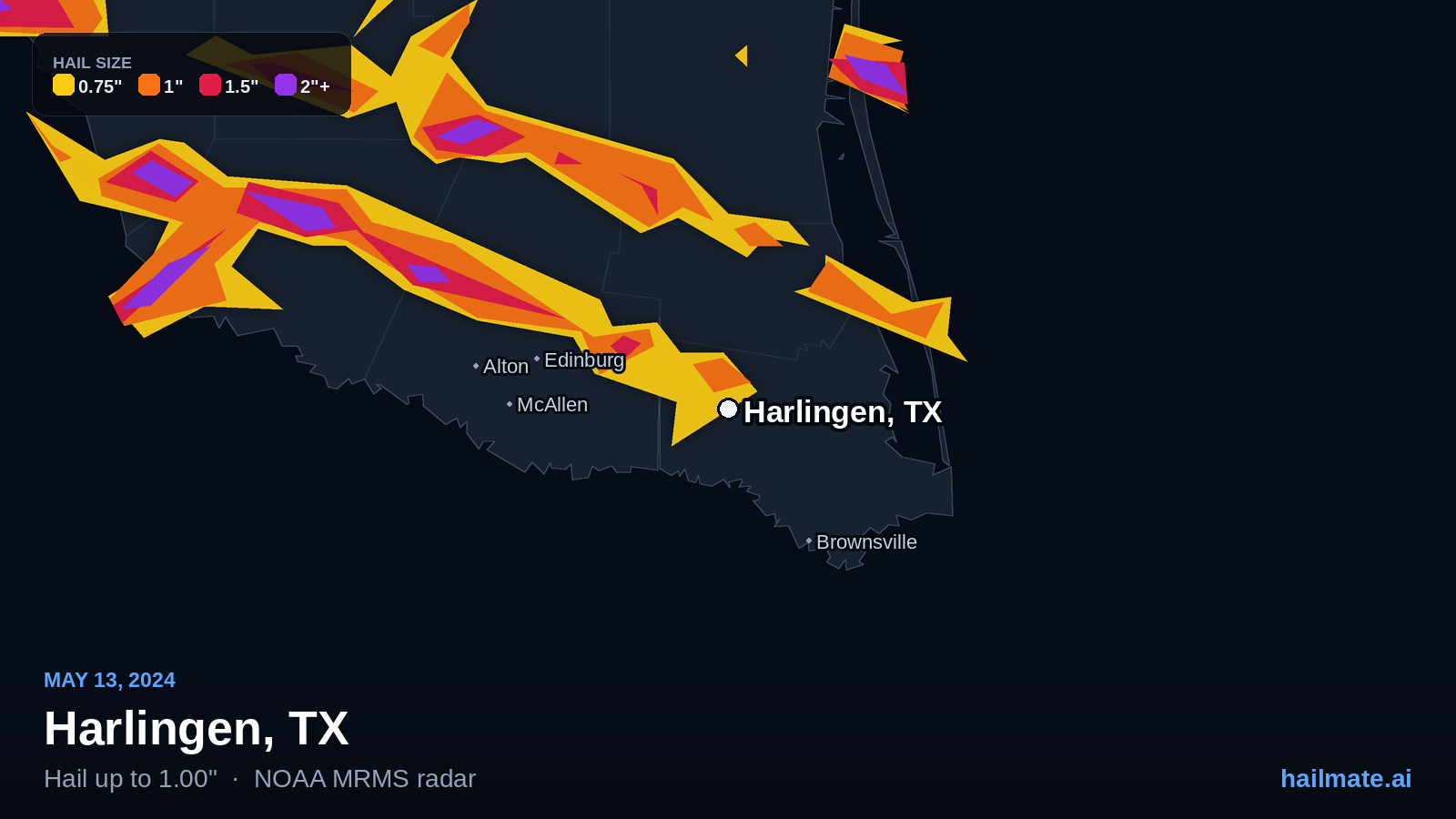 Hail swath map for Harlingen, TX on May 13, 2024 showing 1.00 inch hail.