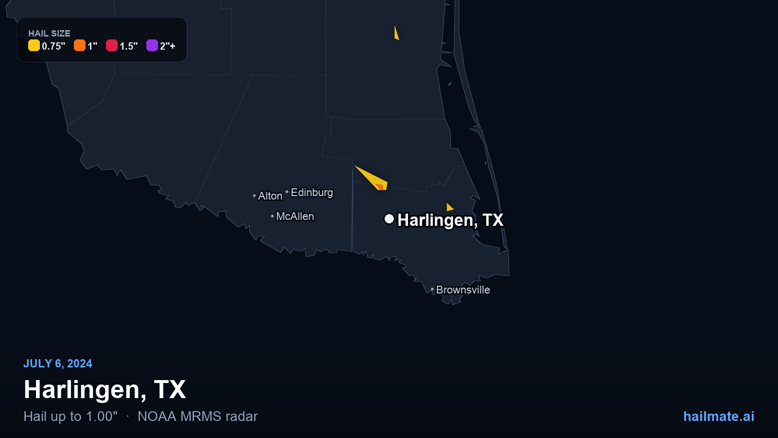 Hail swath map for Harlingen, TX on July 6, 2024 showing 1.00 inch hail.