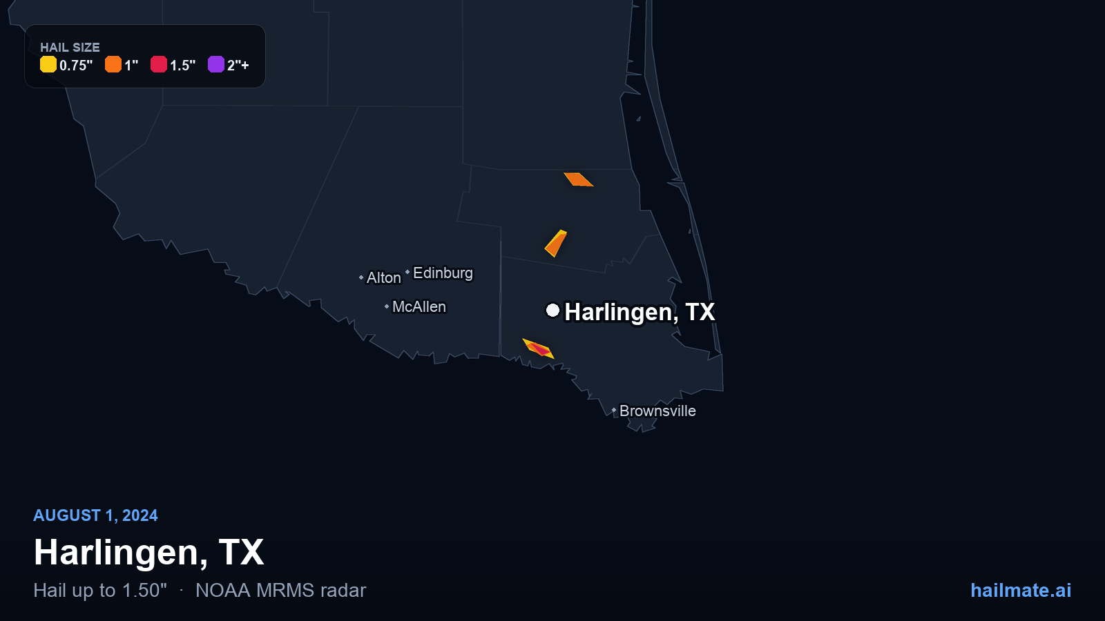 Hail swath map for Harlingen, TX on August 1, 2024 showing 1.50 inch hail.
