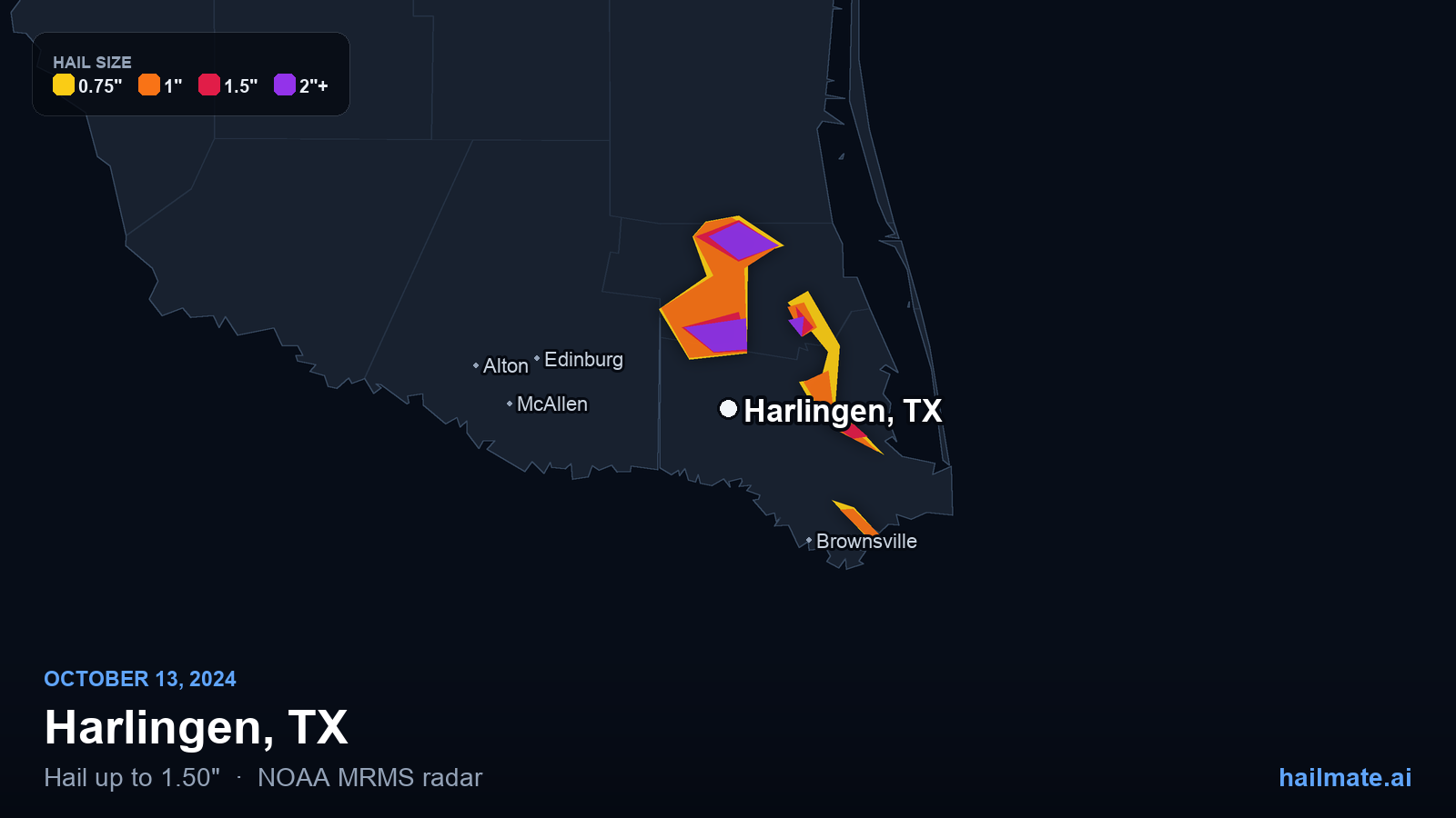 Hail swath map for Harlingen, TX on October 13, 2024 showing 1.50 inch hail.