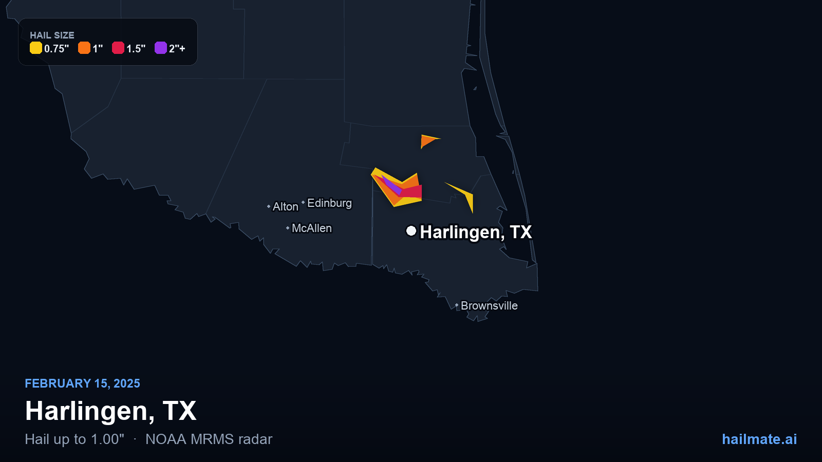 Hail swath map for Harlingen, TX on February 15, 2025 showing 1.00 inch hail.