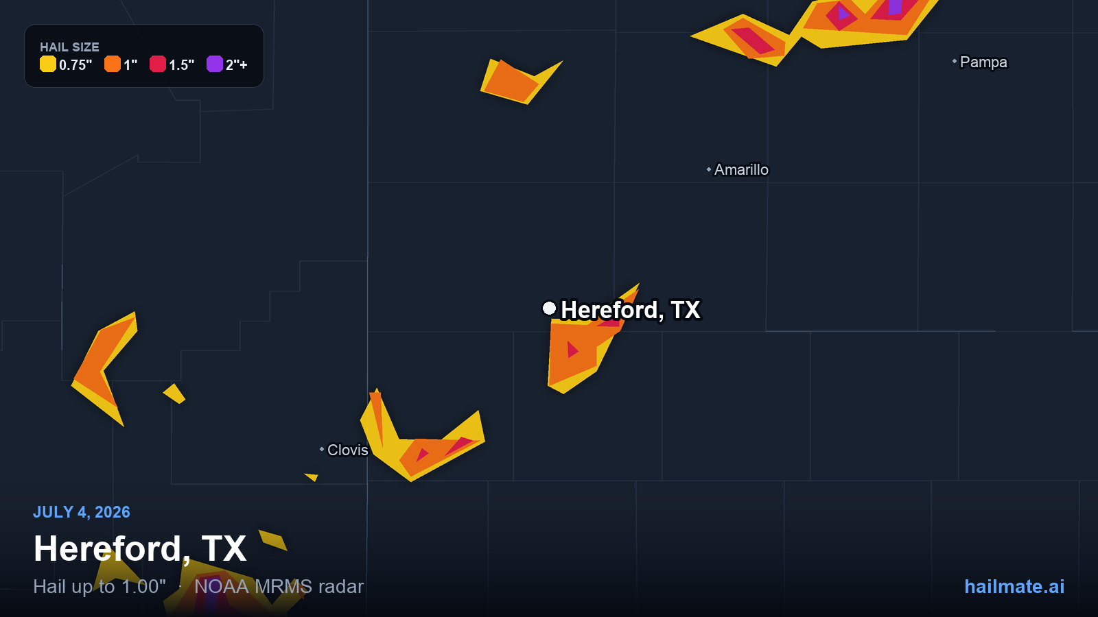 Hail swath map for Hereford, TX on July 4, 2026 showing 1.00 inch hail.