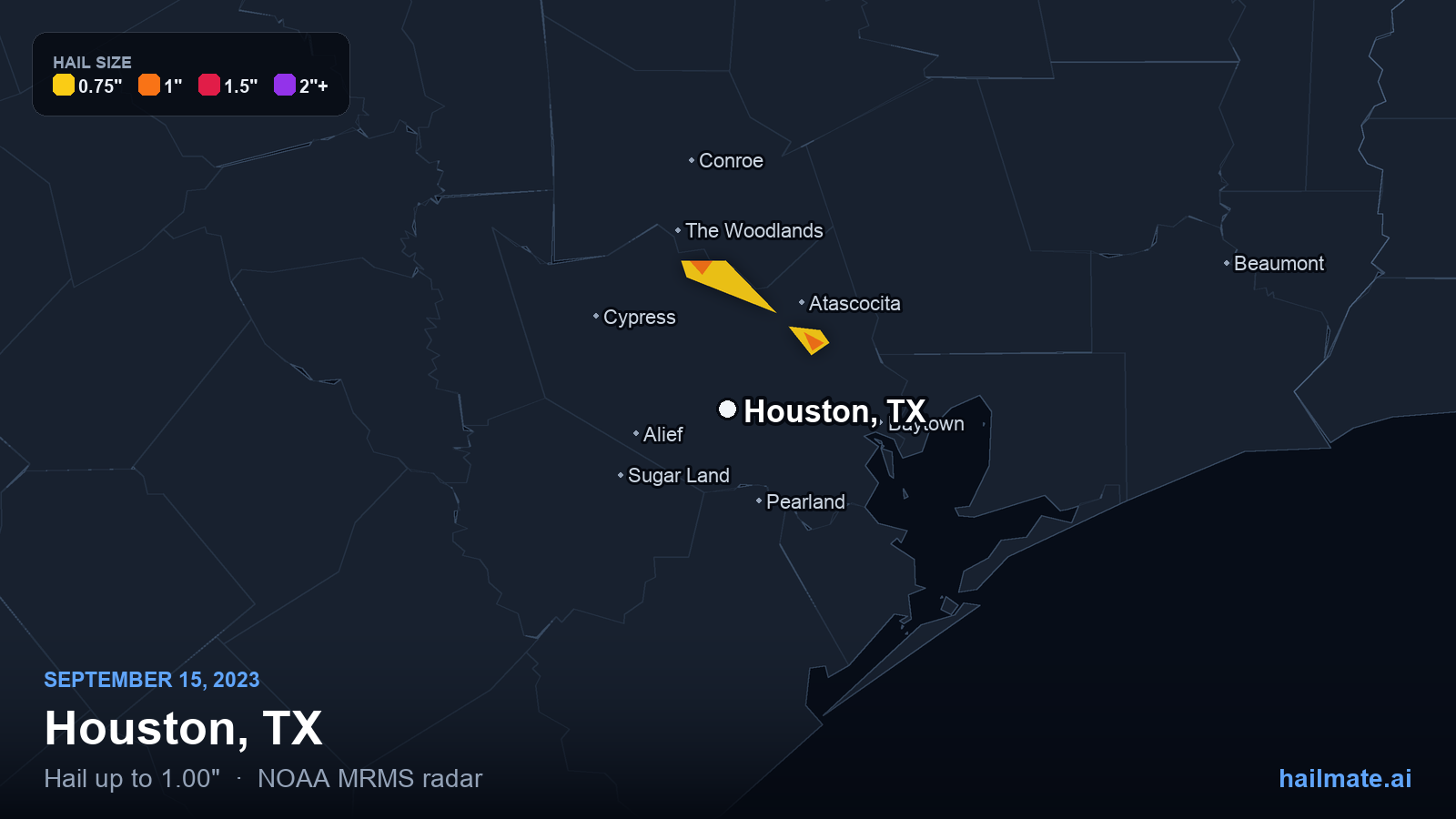 Hail swath map for Houston, TX on September 15, 2023 showing 1.00 inch hail.