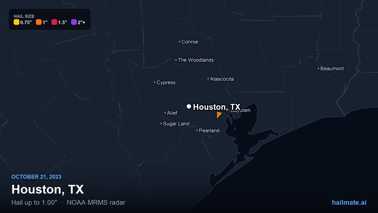Hail swath map for Houston, TX on October 21, 2023 showing 1.00 inch hail.