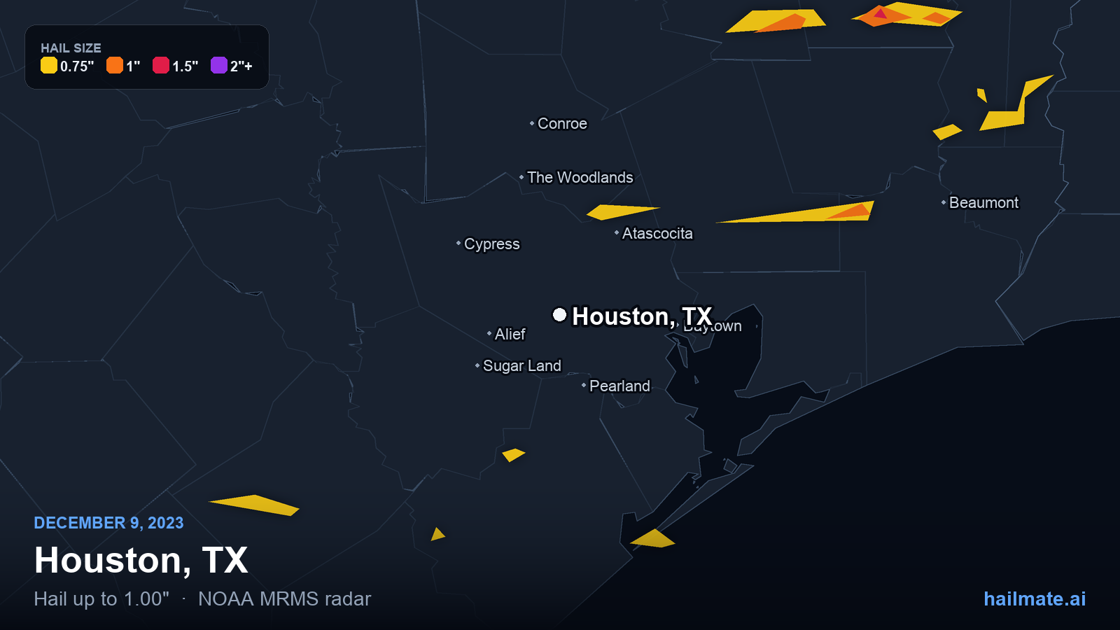 Hail swath map for Houston, TX on December 9, 2023 showing 1.00 inch hail.