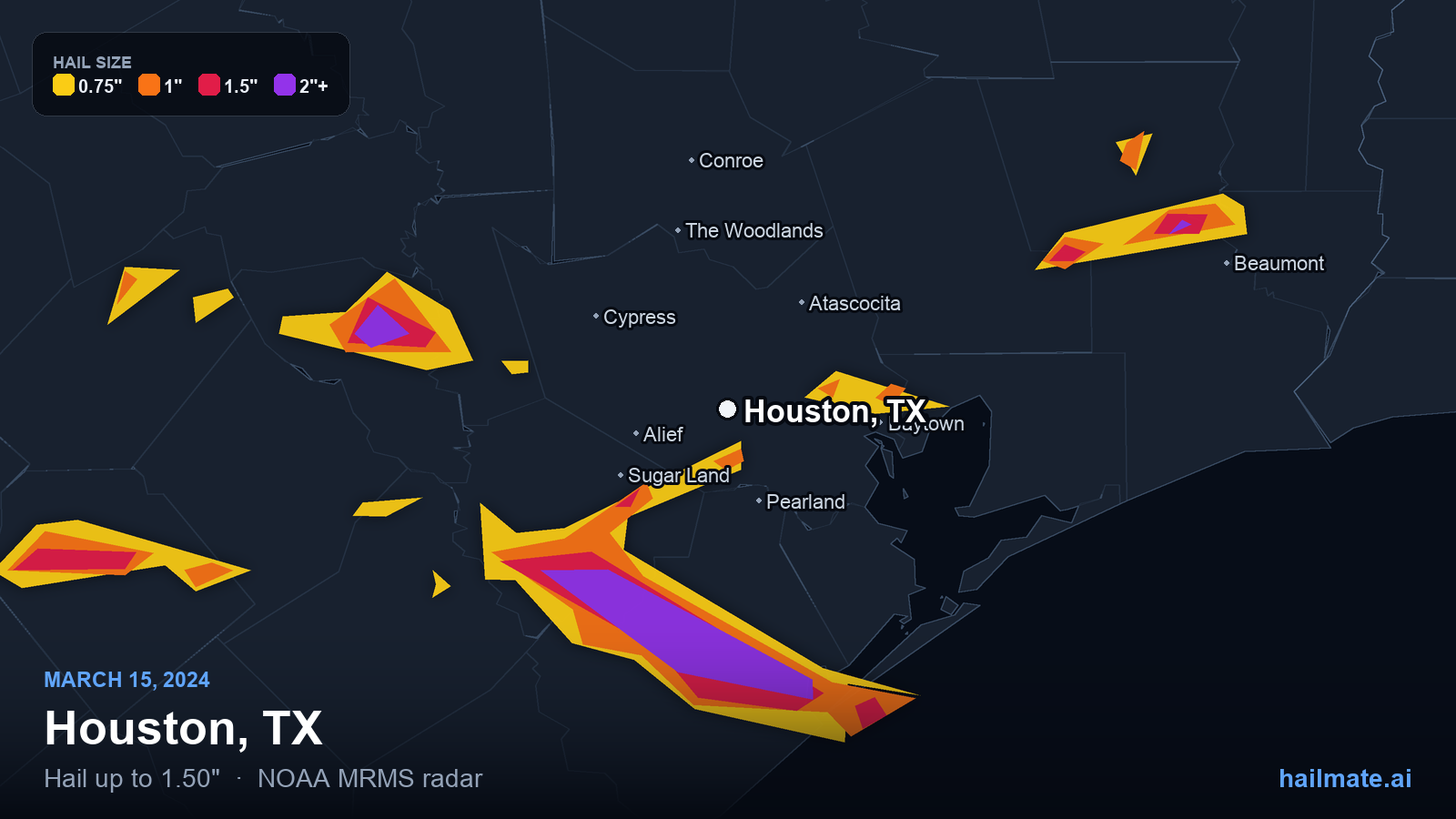 Hail swath map for Houston, TX on March 15, 2024 showing 1.50 inch hail.
