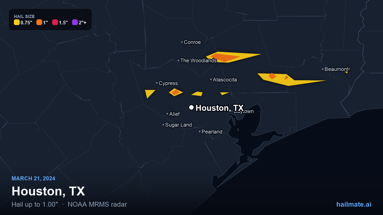 Hail swath map for Houston, TX on March 21, 2024 showing 1.00 inch hail.