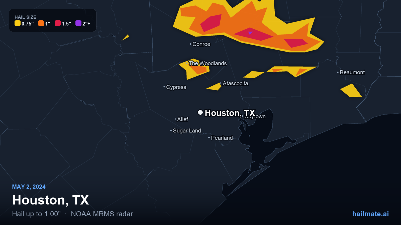 Hail swath map for Houston, TX on May 2, 2024 showing 1.00 inch hail.