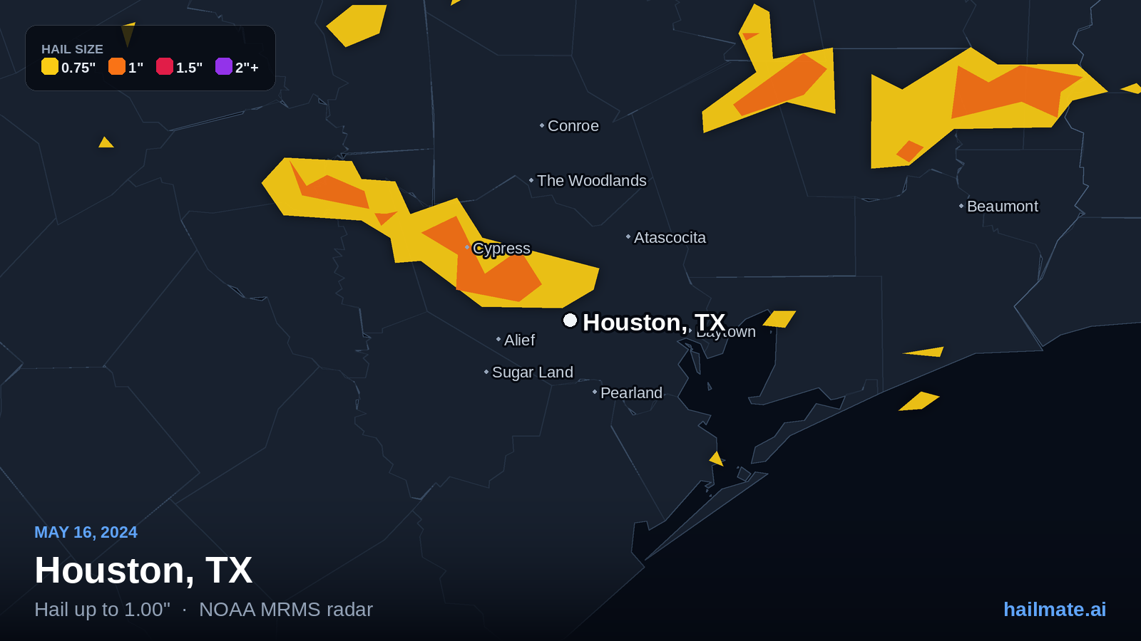 Hail swath map for Houston, TX on May 16, 2024 showing 1.00 inch hail.