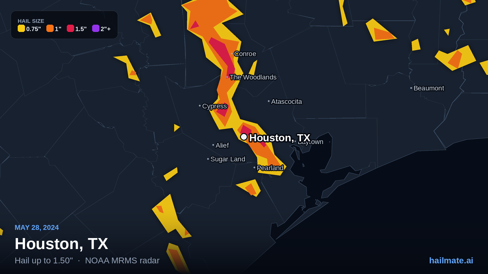 Hail swath map for Houston, TX on May 28, 2024 showing 1.50 inch hail.