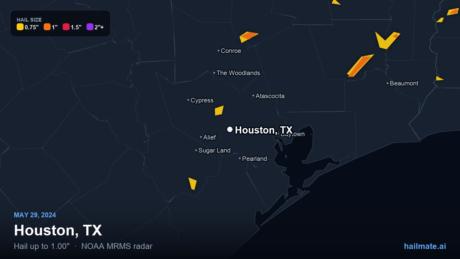 Hail swath map for Houston, TX on May 29, 2024 showing 1.00 inch hail.