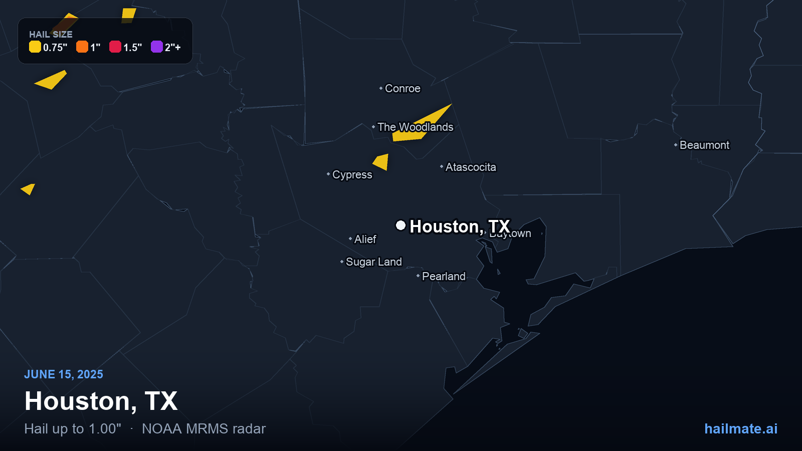 Hail swath map for Houston, TX on June 15, 2025 showing 1.00 inch hail.