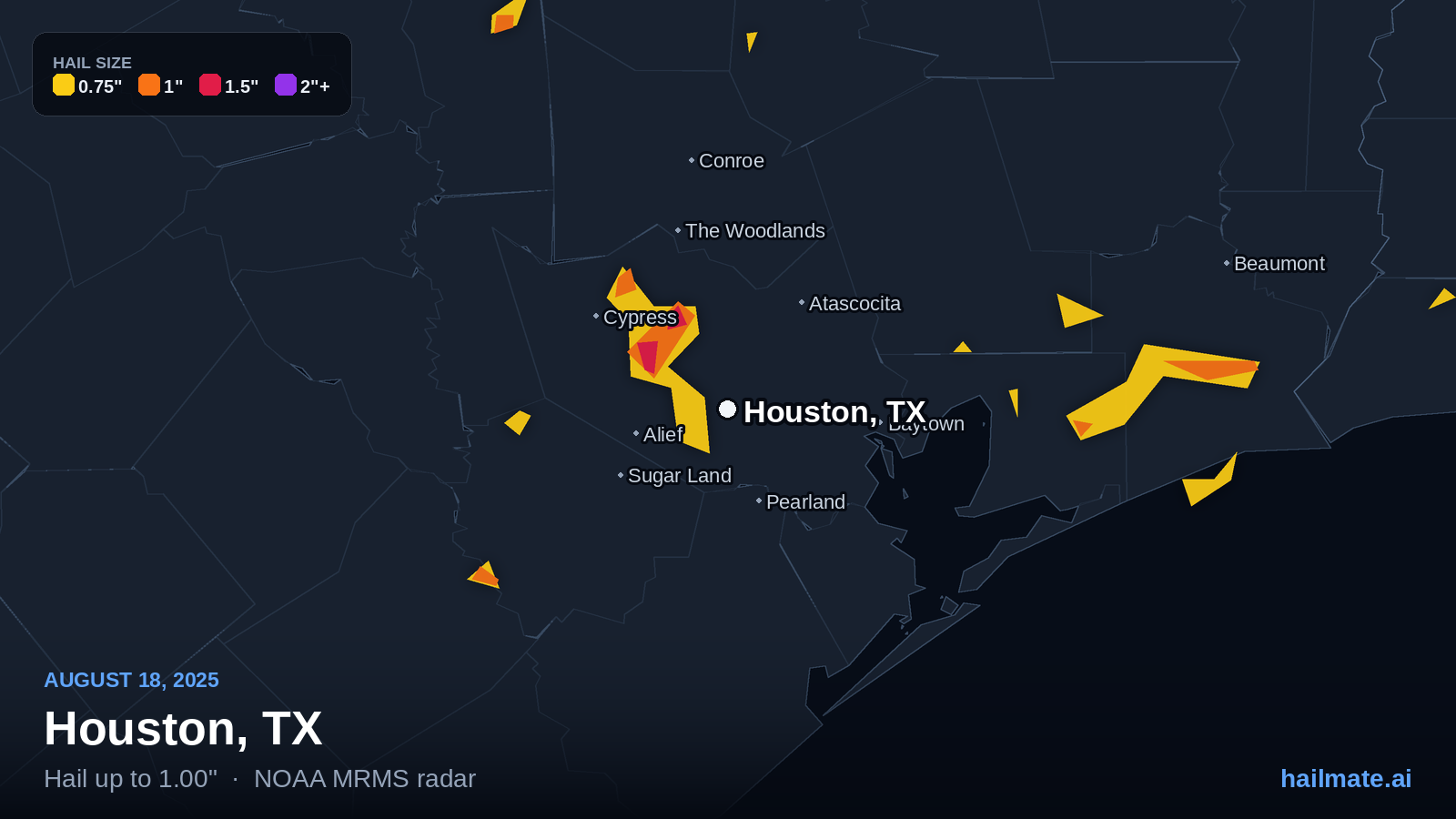 Hail swath map for Houston, TX on August 18, 2025 showing 1.00 inch hail.