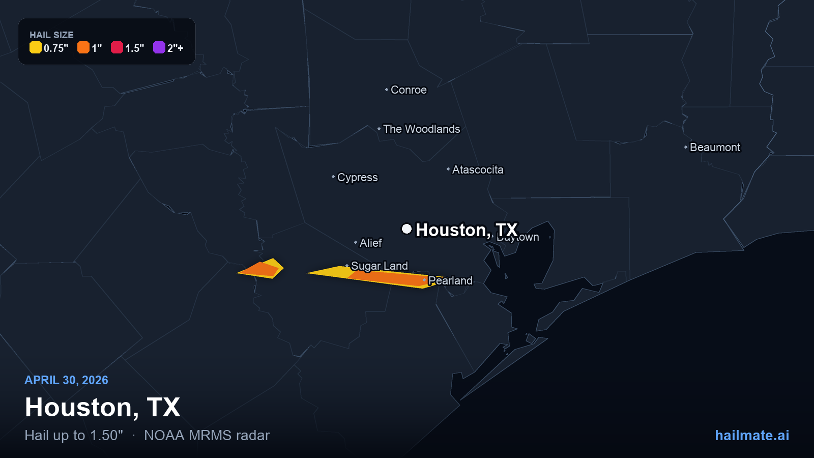 Hail swath map for Houston, TX on April 30, 2026 showing 1.50 inch hail.