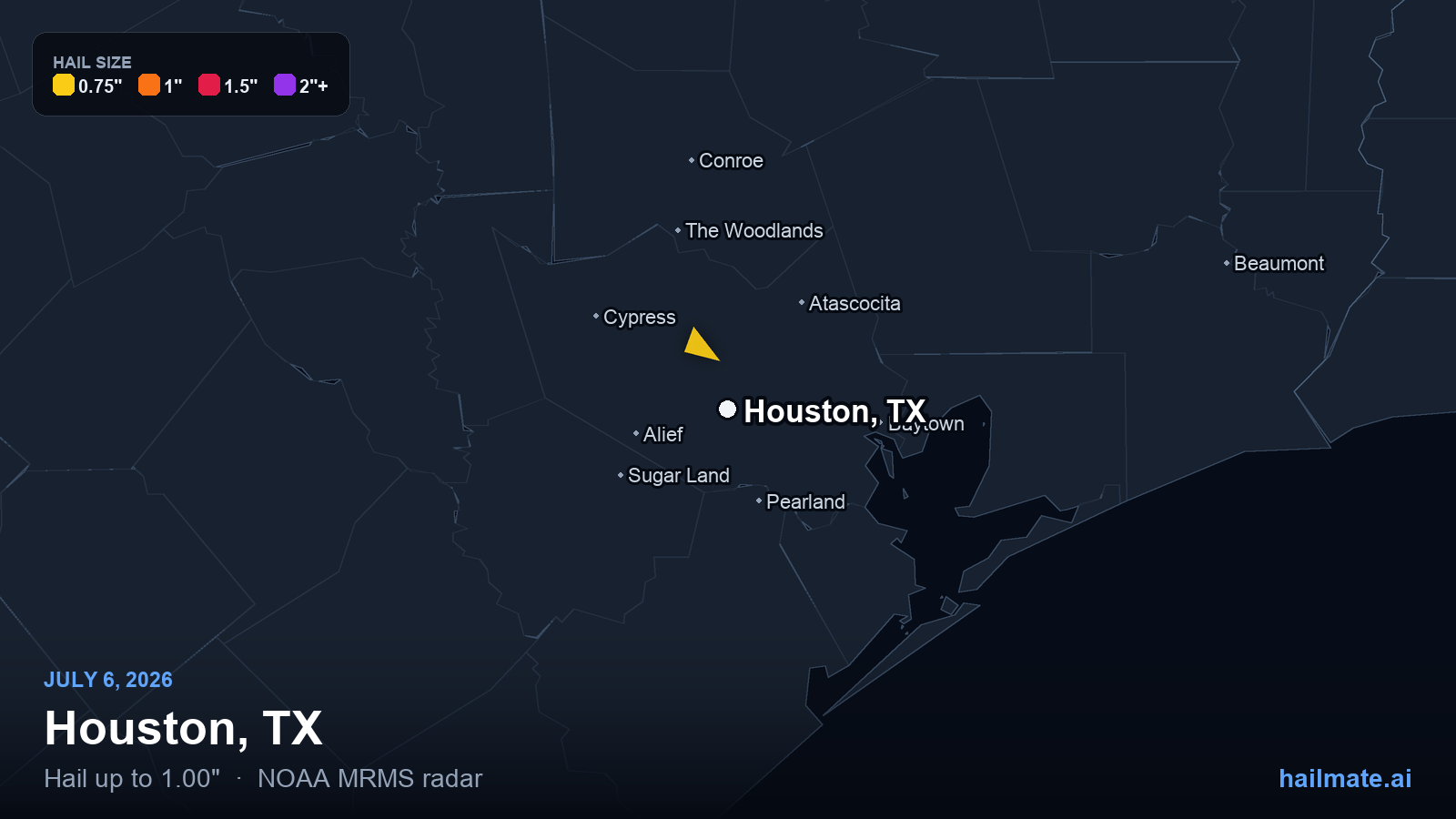Hail swath map for Houston, TX on July 6, 2026 showing 1.00 inch hail.
