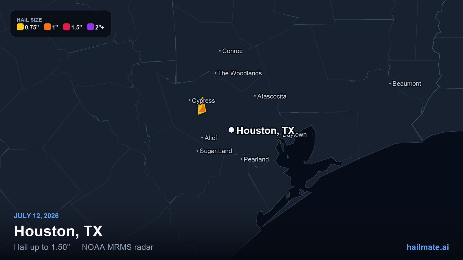 Hail swath map for Houston, TX on July 12, 2026 showing 1.50 inch hail.